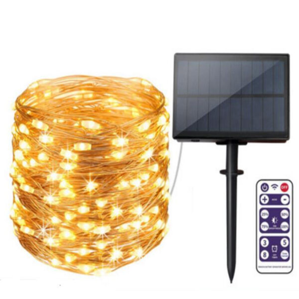 Solar Christmas Wedding Party Fairy Copper Wire LED String Light is an extreme length 20 meters, 30 meters, 50 meters decorative lighting supplied power with solar panel for Party, Wedding, Christmas , Halloween, Patio,etc.You are not afraid of cables connection or battries. And they are adopt top quality copper wire and LED source.Meanwhile you can set the working time of the fairy copper light by remoter. It has Photocell makes it charge in daylight and is on at night.Waterproof design can make the string light in wet area.